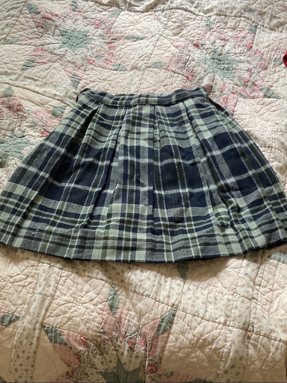 Handmade vintage Pleated Mini Skirt in Navy and Olive Plaid